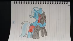 Size: 1600x900 | Tagged: artist needed, safe, derpibooru import, trixie, oc, oc:zippers, unofficial characters only, earth pony, pony, angry, bald, cute, duo, eyes closed, female, great and powerful, hug, image, jpeg, lined paper, mare, paper, traditional art