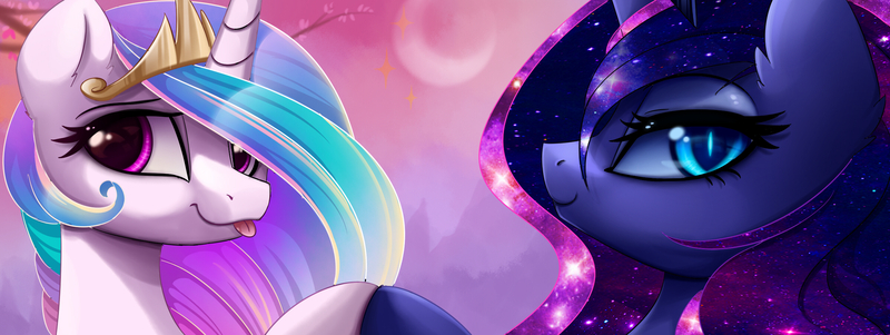 Size: 2390x900 | Tagged: safe, artist:magnaluna, derpibooru import, princess celestia, princess luna, alicorn, pony, g4, :p, crown, duo, duo female, ethereal mane, female, hoofbump, horn, image, jewelry, jpeg, looking at you, mare, regalia, royal sisters, siblings, sisters, slit pupils, smiling, smiling at you, tongue out
