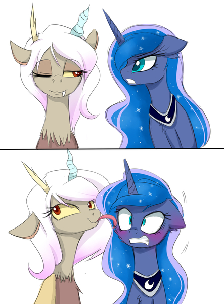 Size: 3400x4600 | Tagged: safe, artist:magnaluna, derpibooru import, discord, princess luna, alicorn, draconequus, pony, g4, 2 panel comic, blushing, cheek fluff, comic, duo, duo female, eris, female, gritted teeth, half r63 shipping, horn, image, interspecies, jpeg, lesbian, licking, looking at someone, mare, one eye closed, peytral, rule 63, ship:lunacord, ship:luneris, shipping, simple background, smiling, teeth, tongue out, white background, wink