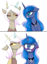 Size: 3400x4600 | Tagged: safe, artist:magnaluna, derpibooru import, discord, princess luna, alicorn, draconequus, pony, g4, 2 panel comic, blushing, cheek fluff, comic, duo, duo female, eris, face licking, female, gritted teeth, half r63 shipping, horn, image, interspecies, jpeg, lesbian, licking, looking at someone, lunacord, luneris, male, mare, one eye closed, peytral, rule 63, ship:lunacord, ship:luneris, shipping, simple background, smiling, straight, teeth, tongue out, white background, wink