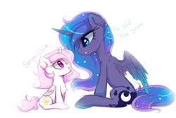 Size: 3000x2000 | Tagged: safe, artist:magnaluna, derpibooru import, princess celestia, princess luna, alicorn, pony, g4, cewestia, chest fluff, cute, cutelestia, dialogue, duo, duo female, eye contact, female, filly, filly celestia, foal, folded wings, heart, high res, horn, image, jpeg, looking at each other, looking at someone, lunabetes, mare, open mouth, open smile, pink-mane celestia, profile, royal sisters, senpai, siblings, side view, simple background, sisters, sitting, smiling, smiling at each other, white background, wings, younger