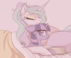 Size: 5600x4600 | Tagged: dead source, safe, artist:magnaluna, derpibooru import, princess celestia, twilight sparkle, alicorn, pony, unicorn, g4, absurd resolution, alternate hairstyle, bed, blanket, book, cuddling, cute, cutelestia, duo, duo female, ear fluff, eyes closed, eyeshadow, female, horn, image, jpeg, laying on bed, lesbian, lying down, makeup, mare, on bed, pillow, prone, ship:twilestia, shipping, smiling, snuggling, twiabetes, twilestia, unicorn twilight