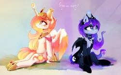 Size: 2625x1634 | Tagged: safe, artist:magnaluna, derpibooru import, princess celestia, princess luna, alicorn, pony, g4, alternate design, alternate universe, cheek fluff, chest fluff, colored wings, crown, duo, duo female, eyebrows, eyebrows visible through hair, female, folded wings, hoof shoes, horn, image, jewelry, jpeg, mare, multicolored wings, peytral, princess shoes, regalia, royal sisters, siblings, sisters, sitting, tail, wings