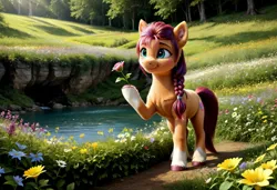 Size: 1216x832 | Tagged: safe, ai content, derpibooru import, machine learning generated, prompter:kluknawa235, stable diffusion, sunny starscout, earth pony, pony, g5, bag, blushing, braid, coat markings, female, flower, grass, image, jpeg, lake, meadow, outdoors, smiling, socks (coat marking), solo, standing, tree, water