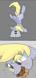 Size: 584x1256 | Tagged: safe, artist:percypawz, derpibooru import, derpy hooves, pegasus, pony, g4, 2 panel comic, blushing, comic, cute, derpabetes, elizabethan collar, food, gray background, image, jpeg, looking down, muffin, muffin denial, simple background, solo, upside down