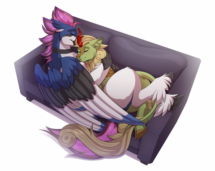 Size: 4000x3173 | Tagged: safe, artist:shchavel, derpibooru import, forest fall, oc, oc:gyre, unofficial characters only, hippogriff, kirin, g4, absurd resolution, beak, blushing, canon x oc, chest fluff, colored wings, couch, cute, digital art, duo, ear fluff, eyes closed, feather, gay, happy, hippogriff oc, horn, hug, image, leonine tail, looking at each other, looking at someone, male, multicolored wings, pink mane, png, scales, shipping, simple background, sleeping, smiling, smiling at each other, snuggling, sofa bed, tail, unshorn fetlocks, white background, wings, yellow mane