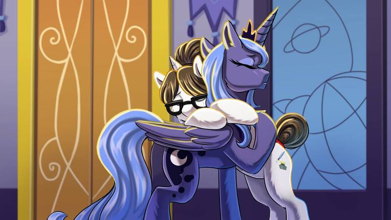 Size: 1280x720 | Tagged: safe, artist:puke-o, derpibooru import, part of a set, princess luna, raven, alicorn, pony, unicorn, g4, butt, canterlot castle, crying, duo, eyes closed, female, horn, hug, image, jpeg, mare, plot, s1 luna, teary eyes