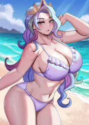 Size: 1280x1797 | Tagged: suggestive, artist:tzc, derpibooru import, princess celestia, human, beach, belly button, big breasts, bikini, breasts, cleavage, clothes, huge breasts, humanized, image, jpeg, looking at you, swimsuit