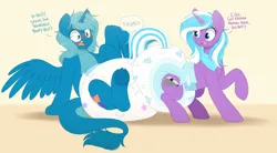 Size: 4800x2645 | Tagged: safe, artist:shuphle, derpibooru import, oc, oc:blue blaze, oc:whistle stop, unofficial characters only, alicorn, dracony, dragon, hybrid, pony, unicorn, g4, air pushed out of diaper, blushing, butt, clothes, coat, cute, diaper, diaper fetish, diapered, dracony oc, duo, female, fetish, horn, image, impossibly large diaper, looking back, male, mare, non-baby in diaper, plot, png, poofy diaper, socks, speech bubble, surprised, tail, tail hole, white diaper