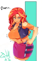 Size: 1400x2000 | Tagged: safe, artist:sozglitch, derpibooru import, sunset shimmer, human, g4, breasts, chubby, cleavage, clothes, cross-popping veins, dialogue, emanata, female, image, implied weight gain, jpeg, plump, solo, sweat, text, tight clothing