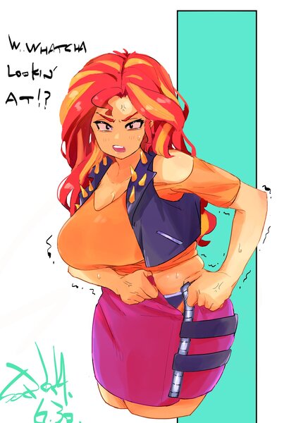 Size: 1400x2000 | Tagged: safe, alternate version, artist:sozglitch, derpibooru import, sunset shimmer, human, g4, breasts, chubby, cleavage, clothes, cross-popping veins, dialogue, emanata, female, image, implied weight gain, jpeg, looking at you, open mouth, plump, solo, sweat, talking, talking to viewer, text, tight clothing