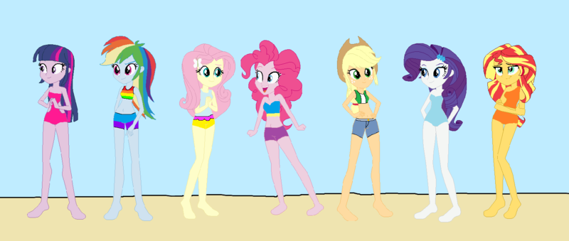 Size: 1612x684 | Tagged: safe, artist:selenaede, artist:syfyman2xxx, derpibooru import, edit, editor:syfyman2xxx, applejack, fluttershy, pinkie pie, rainbow dash, rarity, sci-twi, sunset shimmer, twilight sparkle, twilight sparkle (alicorn), alicorn, human, equestria girls, g4, barefoot, base used, beach, bikini, clothes, feet, female, humane five, humane seven, humane six, image, one-piece swimsuit, png, swimsuit