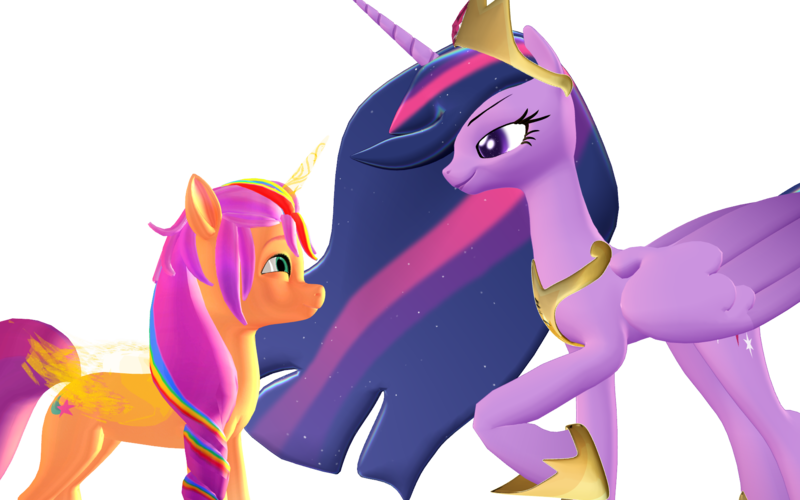 Size: 1920x1200 | Tagged: safe, artist:puzzlshield2, derpibooru import, princess twilight 2.0, sunny starscout, twilight sparkle, twilight sparkle (alicorn), alicorn, earth pony, pony, g4, g5, my little pony: a new generation, the last problem, 3d, 3d render, artificial horn, artificial wings, augmented, concave belly, duo, duo female, female, future twilight, generation leap, height difference, horn, image, long mane, magic, magic horn, magic wings, mane stripe sunny, mmd, older, older twilight, older twilight sparkle (alicorn), png, race swap, side view, simple background, slender, sunny and her heroine, sunnycorn, thin, transparent background, wings