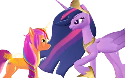 Size: 1920x1200 | Tagged: safe, artist:puzzlshield2, derpibooru import, princess twilight 2.0, sunny starscout, twilight sparkle, twilight sparkle (alicorn), alicorn, earth pony, pony, g4, g5, my little pony: a new generation, the last problem, 3d, 3d render, artificial horn, artificial wings, augmented, concave belly, duo, duo female, female, future twilight, generation leap, height difference, horn, image, long mane, magic, magic horn, magic wings, mane stripe sunny, mmd, older, older twilight, older twilight sparkle (alicorn), png, race swap, side view, simple background, slender, sunny and her heroine, sunnycorn, thin, transparent background, wings