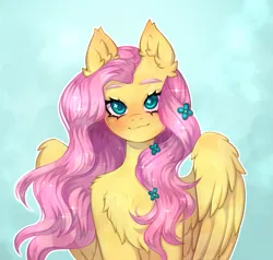 Size: 777x740 | Tagged: safe, artist:arisuyukita, derpibooru import, fluttershy, pegasus, pony, g4, blushing, chest fluff, colored eyebrows, cute, ear fluff, eyebrows, female, flower, flower in hair, freckles, image, looking at you, mare, partially open wings, png, shyabetes, smiling, smiling at you, solo, sparkles, sparkly eyes, sparkly mane, wingding eyes, wings