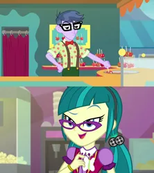 Size: 1920x2160 | Tagged: safe, derpibooru import, edit, edited screencap, screencap, juniper montage, microchips, equestria girls, g4, apple, bowtie, candy apple (food), equestria girls specials, eyebrows, female, food, glasses, image, male, microjuniper, my little pony equestria girls: better together, my little pony equestria girls: mirror magic, my little pony equestria girls: rollercoaster of friendship, png, raised eyebrow, ship:microjuniper, shipping, straight, suspenders