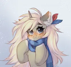 Size: 1648x1566 | Tagged: oc name needed, safe, artist:arisuyukita, derpibooru import, oc, unofficial characters only, pony, unicorn, blushing, chest fluff, clothes, ear fluff, eyebrows, female, freckles, horn, image, jpeg, looking at you, mare, scarf, smiling, smiling at you, snow, snowfall, solo, striped scarf, unicorn oc, winter