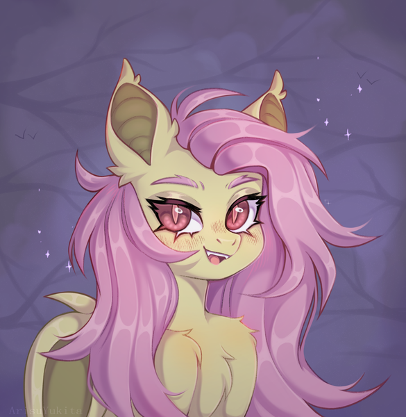 Size: 1869x1917 | Tagged: safe, artist:arisuyukita, derpibooru import, fluttershy, bat pony, pony, g4, bat ears, bat ponified, bat wings, chest fluff, colored eyebrows, cute, cute little fangs, eyebrows, fangs, female, flutterbat, image, looking at you, mare, open mouth, open smile, png, race swap, slit pupils, smiling, smiling at you, solo, wings