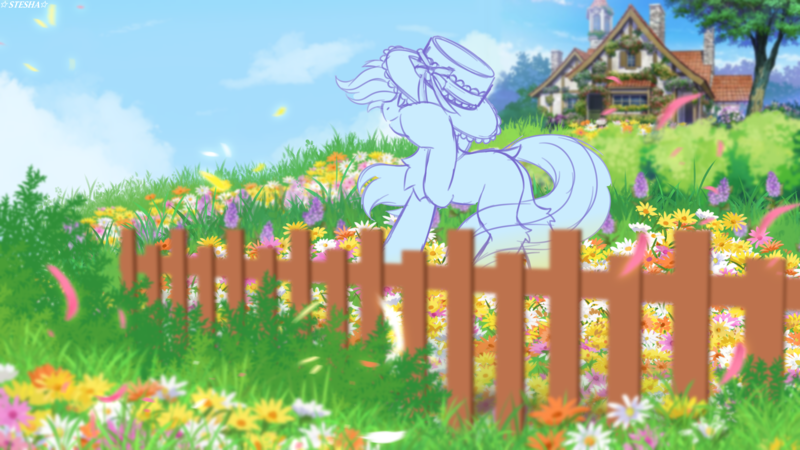 Size: 5000x2812 | Tagged: safe, artist:stesha, derpibooru import, pony, commission, fence, flower, garden, house, image, png, sketch, ych sketch, your character here