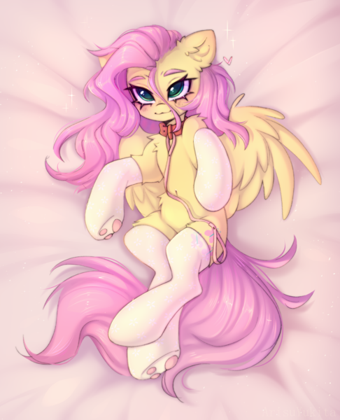 Size: 1761x2175 | Tagged: safe, artist:arisuyukita, derpibooru import, fluttershy, pegasus, pony, g4, :3, bed, belly, belly button, blushing, chest fluff, clothes, collar, colored eyebrows, cute, ear fluff, eyebrows, female, heart, image, laying on bed, leash, lying down, mare, on back, on bed, paw pads, paw socks, paws, png, shyabetes, smiling, socks, solo, sparkles, tail, thigh highs, wings