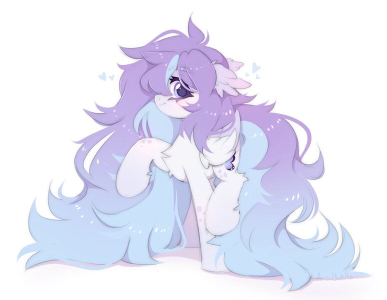 Size: 1662x1288 | Tagged: safe, artist:arisuyukita, derpibooru import, oc, oc:butterfly effect, unofficial characters only, pegasus, pony, blushing, chest fluff, ear fluff, female, folded wings, hair over one eye, heart, image, jpeg, leg fluff, long mane, long tail, looking at you, mare, pegasus oc, profile, raised hoof, raised leg, side view, simple background, smiling, smiling at you, solo, standing on two hooves, tail, white background, wings