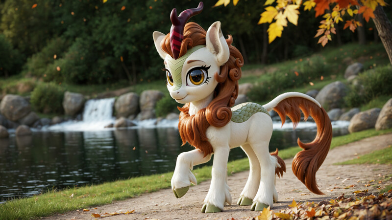 Size: 2560x1440 | Tagged: safe, ai content, derpibooru import, generator:pony realism 2.1, machine learning generated, autumn blaze, kirin, g4, cloven hooves, female, image, jpeg, lake, looking at you, outdoors, prompter:siber, raised hoof, realistic, smiling, solo, water