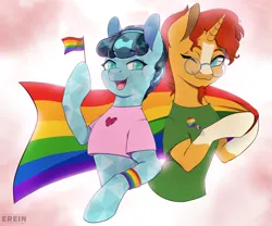 Size: 2408x2000 | Tagged: safe, artist:erein, derpibooru import, crystal hoof, sunburst, thorax, changeling, crystal pony, pony, unicorn, g4, clothes, disguise, disguised changeling, duo, duo male, ears up, flag, gay, gay pride flag, glasses, high res, horn, image, jpeg, lgbt, looking at each other, looking at someone, male, pride, pride flag, pride month, shipping, shirt, smiling, stallion, sunburst's glasses, t-shirt, thoraxburst, wristband