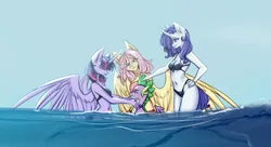 Size: 821x446 | Tagged: safe, artist:kutoshi, derpibooru import, fluttershy, rarity, spike, twilight sparkle, twilight sparkle (alicorn), alicorn, anthro, dragon, pegasus, unicorn, g4, age difference, belly button, bikini, breasts, clothes, ear fluff, female, harem, horn, image, lucky bastard, male, older, older spike, png, ship:flutterspike, shipping, sparity, spike gets all the mares, spikelove, straight, swimsuit, teenage spike, teenaged dragon, teenager, twispike, wings