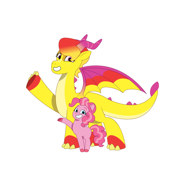 Size: 4096x4096 | Tagged: safe, artist:prixy05, derpibooru import, pinkie pie, dragon, earth pony, pony, g4, g5, my little pony: tell your tale, spoiler:g5, absurd resolution, dragoness, duo, duo female, female, g4 to g5, generation leap, image, luxxe, mare, png, simple background, white background