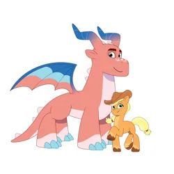 Size: 4096x4096 | Tagged: safe, artist:prixy05, derpibooru import, applejack, dragon, earth pony, pony, g4, g5, my little pony: tell your tale, spoiler:g5, absurd resolution, duo, duo male and female, female, g4 to g5, generation leap, image, male, mare, png, simple background, tumble (g5), white background