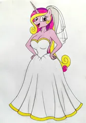 Size: 2456x3500 | Tagged: safe, artist:killerteddybear94, derpibooru import, princess cadance, anthro, big breasts, breasts, bride, busty princess cadance, clothes, dress, hand on hip, image, jpeg, looking at you, smiling, traditional art, wedding dress