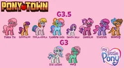 Size: 771x425 | Tagged: safe, artist:starrscout-23, derpibooru import, cheerilee (g3), minty, pinkie pie (g3), rainbow dash (g3), scootaloo (g3), star catcher, starsong, sweetie belle (g3), toola roola, whimsey weatherbe, dragon, earth pony, pegasus, pony, unicorn, pony town, g3, core seven, female, filly, foal, g3.5, horn, image, light pink background, mare, my little pony logo, names, pigtails, pink background, png, simple background, text, toola-roola