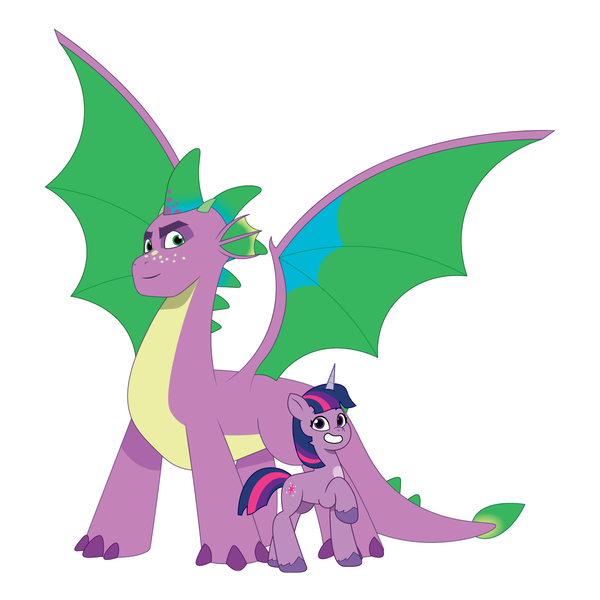 Size: 4096x4096 | Tagged: safe, artist:prixy05, derpibooru import, spike, twilight sparkle, dragon, pony, unicorn, g4, g5, adult, adult spike, dragon lord spike, duo, duo male and female, female, g4 to g5, generation leap, horn, image, male, older, older spike, png, simple background, spike (g5), white background, winged spike