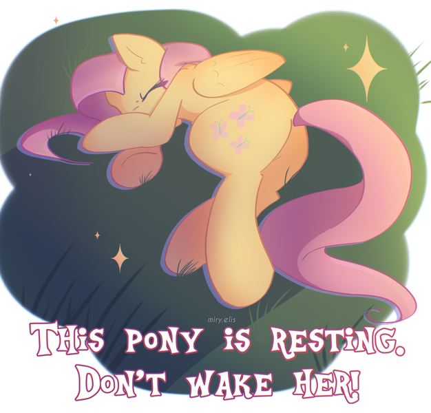 Size: 2400x2300 | Tagged: safe, artist:miryelis, derpibooru import, fluttershy, pegasus, pony, female, full body, image, long hair, mare, png, signature, simple background, sleeping, solo, sparkles, text