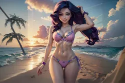 Size: 3072x2048 | Tagged: suggestive, ai content, machine learning generated, prompter:bluest, rarity, human, armpits, beach, belly, belly button, bikini, blushing, breasts, cameltoe, clothes, cloud, female, fit, humanized, image, jpeg, ocean, outdoors, palm tree, pink panties, purple hair, ribcage, sand, side-tie bikini, sky, slender, solo, solo female, sun ray, sunset, swimsuit, thigh gap, thin, toned, toned female, tree, wallpaper, water