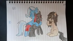 Size: 1600x900 | Tagged: safe, derpibooru import, edit, trixie, oc, oc:floor bored, oc:zippers, earth pony, pony, unicorn, 28, bald, cute, eyes closed, horn, hug, image, jpeg, lined paper, paper, trio