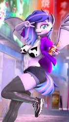 Size: 1989x3536 | Tagged: safe, artist:dawnyr, ponerpics import, oc, oc:cynthia ghost, unofficial characters only, anthro, bat pony, 3d, bat pony oc, bat wings, bra, clothes, image, jpeg, latex, latex socks, shoes, socks, underwear, wings