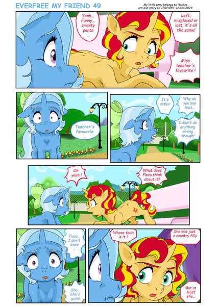 Size: 828x1163 | Tagged: safe, artist:jeremy3, derpibooru import, sunset shimmer, trixie, pony, unicorn, comic:everfree my friend, bench, canterlot, digital art, fanart, horn, image, jpeg, park, park bench