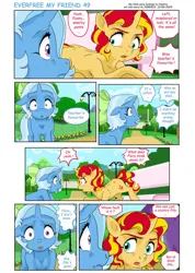 Size: 828x1163 | Tagged: safe, artist:jeremy3, derpibooru import, sunset shimmer, trixie, pony, unicorn, comic:everfree my friend, bench, canterlot, digital art, fanart, horn, image, jpeg, park, park bench