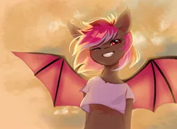 Size: 1440x1053 | Tagged: safe, artist:melodylibris, derpibooru import, oc, oc:sofy, unofficial characters only, bat pony, pony, backlighting, bat pony oc, bat wings, birthday art, blushing, brown coat, bust, chest fluff, clothes, colored pinnae, colored sketch, colored wings, day, ear tufts, eyelashes, fangs, female, gift art, image, jpeg, looking at you, mare, one eye closed, outdoors, red eyes, shiny eyes, shiny mane, shirt, short shirt, sketch, sky background, smiling, smiling at you, solo, spread wings, t-shirt, three toned mane, tri-color mane, tri-colored mane, tricolor mane, tricolored mane, two toned wings, wind, windswept mane, wings, wink