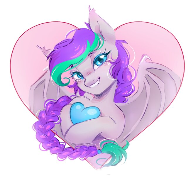 Size: 3093x2852 | Tagged: safe, artist:melodylibris, derpibooru import, oc, oc:lony, unofficial characters only, bat pony, pony, bat pony oc, bat wings, blue eyelashes, blue eyes, blushing, braid, braided ponytail, bust, colored eyelashes, colored wings, ear tufts, eyelashes, fangs, female, heart, heart background, holding heart, image, jpeg, lidded eyes, long mane, looking at you, mare, nose blush, ponytail, purple coat, raised hoof, raised hooves, shiny mane, simple background, smiling, smiling at you, solo, sparkly mane, spread wings, tied mane, two toned mane, two toned wings, white background, wings