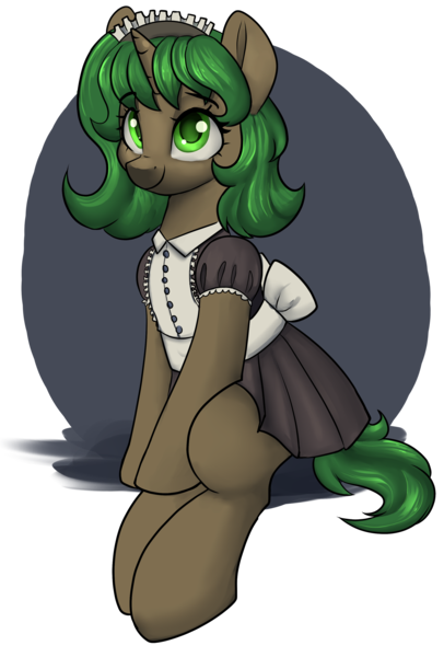 Size: 2214x3271 | Tagged: safe, artist:dumbwoofer, derpibooru import, oc, oc:pine shine, pony, unicorn, bow, clothes, female, horn, image, looking at you, maid, maid headdress, mare, png, simple background, sitting, smiling, solo, transparent background