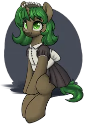 Size: 2214x3271 | Tagged: safe, artist:dumbwoofer, derpibooru import, oc, oc:pine shine, pony, unicorn, bow, clothes, female, horn, image, looking at you, maid, maid headdress, mare, png, simple background, sitting, smiling, solo, transparent background