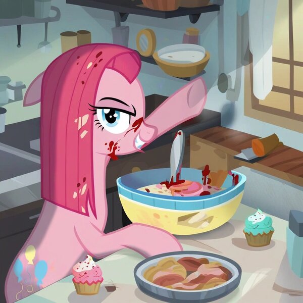 Size: 1024x1024 | Tagged: prompter needed, questionable, ai content, derpibooru import, machine learning generated, stable diffusion, pinkie pie, blood, cupcake, food, generator:purplesmart.ai, image, jpeg, kitchen, looking at you, pinkamena diane pie