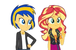 Size: 1316x864 | Tagged: safe, artist:mlpfan3991, derpibooru import, sunset shimmer, oc, oc:flare spark, human, equestria girls, g4, clothes, couple, date, female, image, lesbian, png, ship:flareset, simple background, teenager, transparent background