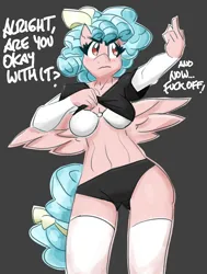 Size: 3000x3968 | Tagged: suggestive, artist:flutterthrash, derpibooru import, cozy glow, anthro, g4, big breasts, bra, breasts, busty cozy glow, clothes, female, gray background, high res, image, middle finger, nudity, older, older cozy glow, png, shirt, shirt lift, simple background, socks, solo, solo female, stockings, thigh highs, underass, underwear, vulgar, vulva