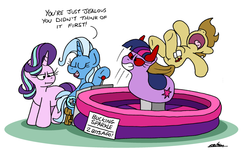 Size: 2748x1712 | Tagged: safe, artist:bobthedalek, derpibooru import, starlight glimmer, trixie, twilight sparkle, oc, oc:tidmouth milk, earth pony, pony, unicorn, :i, atg 2024, bucking bronco, devil horns, horn, horns, i mean i see, image, newbie artist training grounds, png, ride