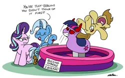 Size: 2748x1712 | Tagged: safe, artist:bobthedalek, derpibooru import, starlight glimmer, trixie, twilight sparkle, oc, oc:tidmouth milk, earth pony, pony, unicorn, :i, atg 2024, bucking bronco, devil horns, horn, horns, i mean i see, image, newbie artist training grounds, png, ride