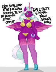 Size: 3000x3823 | Tagged: suggestive, artist:flutterthrash, derpibooru import, alicorn, anthro, plantigrade anthro, pony, g5, ankles, annoyed, belly button, bikini, breasts, busty opaline arcana, cleavage, clothes, commission, commissioner:aethertheorem, concave belly, cutie mark, dialogue, eyeshadow, female, gold, high res, horn, image, implied misty brightdawn, legs, lidded eyes, makeup, mare, midriff, opaline arcana, opaline arcana is not amused, open mouth, png, simple background, socks, solo, solo female, spread wings, stockings, swimsuit, thigh highs, thighs, unamused, underass, white background, wide hips, wings