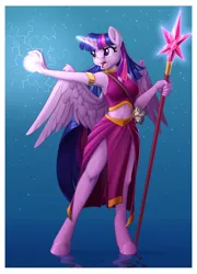 Size: 1588x2200 | Tagged: safe, artist:sirzi, derpibooru import, twilight sparkle, twilight sparkle (alicorn), alicorn, anthro, unguligrade anthro, female, image, magic, open mouth, png, solo, staff